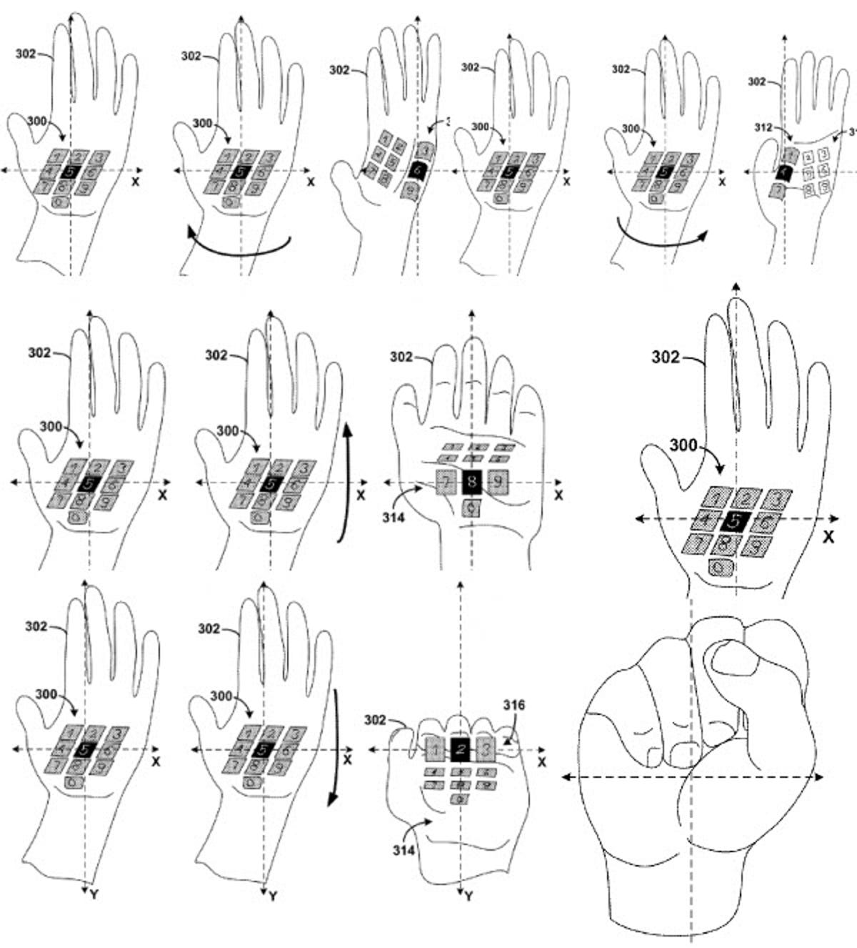 The laser keyboard projected on to the hand, communicating back to the glasses' camera using gestures.