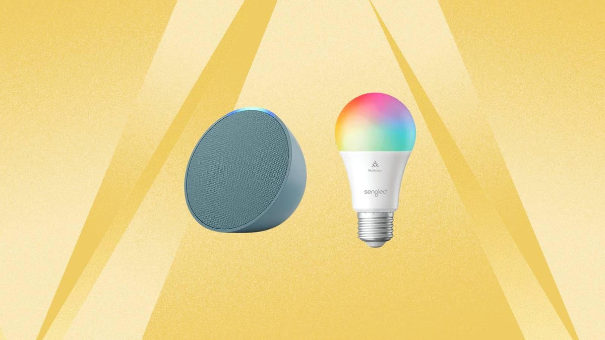 An Amazon Echo Pop speaker and Sengled smart bulb against a yellow background.