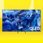 The Samsung 77-inch S89C OLED 4K Tizen TV is displayed against a gradient yellow background.
