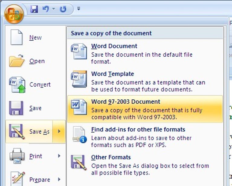 The Save As menu in Microsoft Word 2007