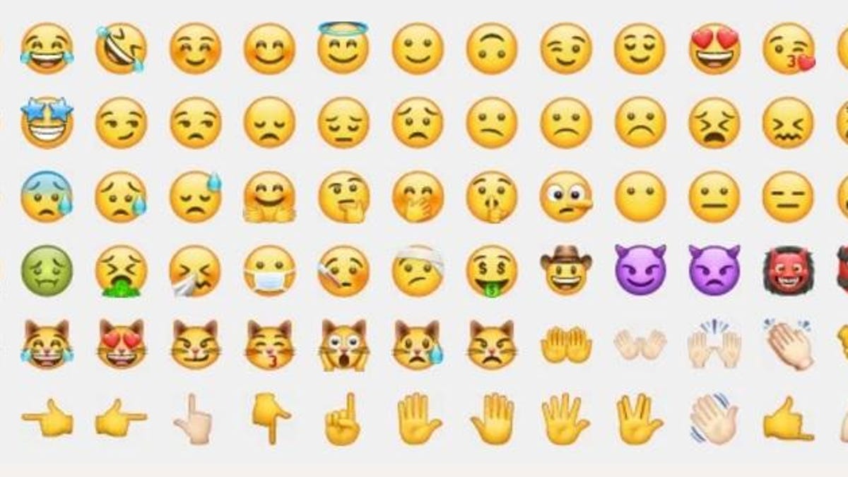 A grid of more than 60 emoji, including smiley faces and hand gestures