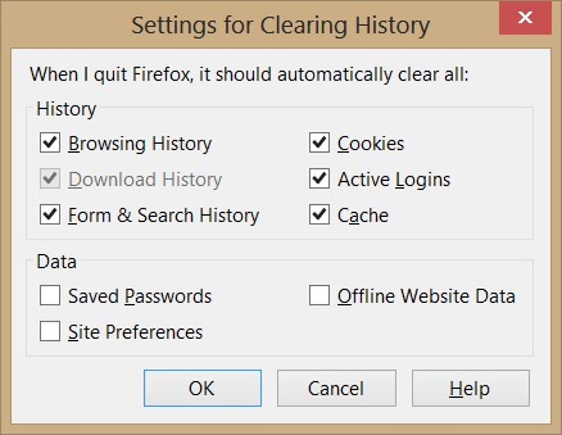Mozilla Firefox Clear History settings