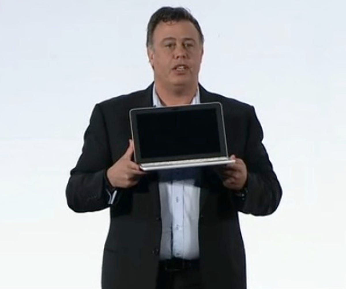 HP executive vice president Dion Weisler shows of the Chromebook 11 on Wednesday at the HP Securities Analyst meeting.