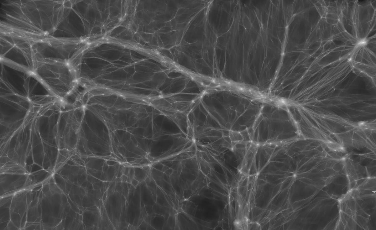 One SLAC research area is reconstructing the formation of the universe. We're familiar with galaxies, but this simulation shows strands of dark matter that lace the cosmos. Galaxies form at the brighter nodes where the density is highest.