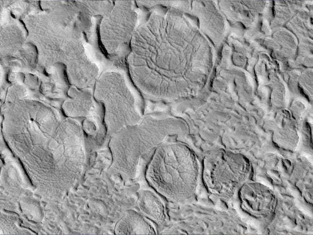 Grayscale image of Mars landscape seen from orbit shows roundish landforms, polygon shapes and trenches, making a strange looking patchwork.
