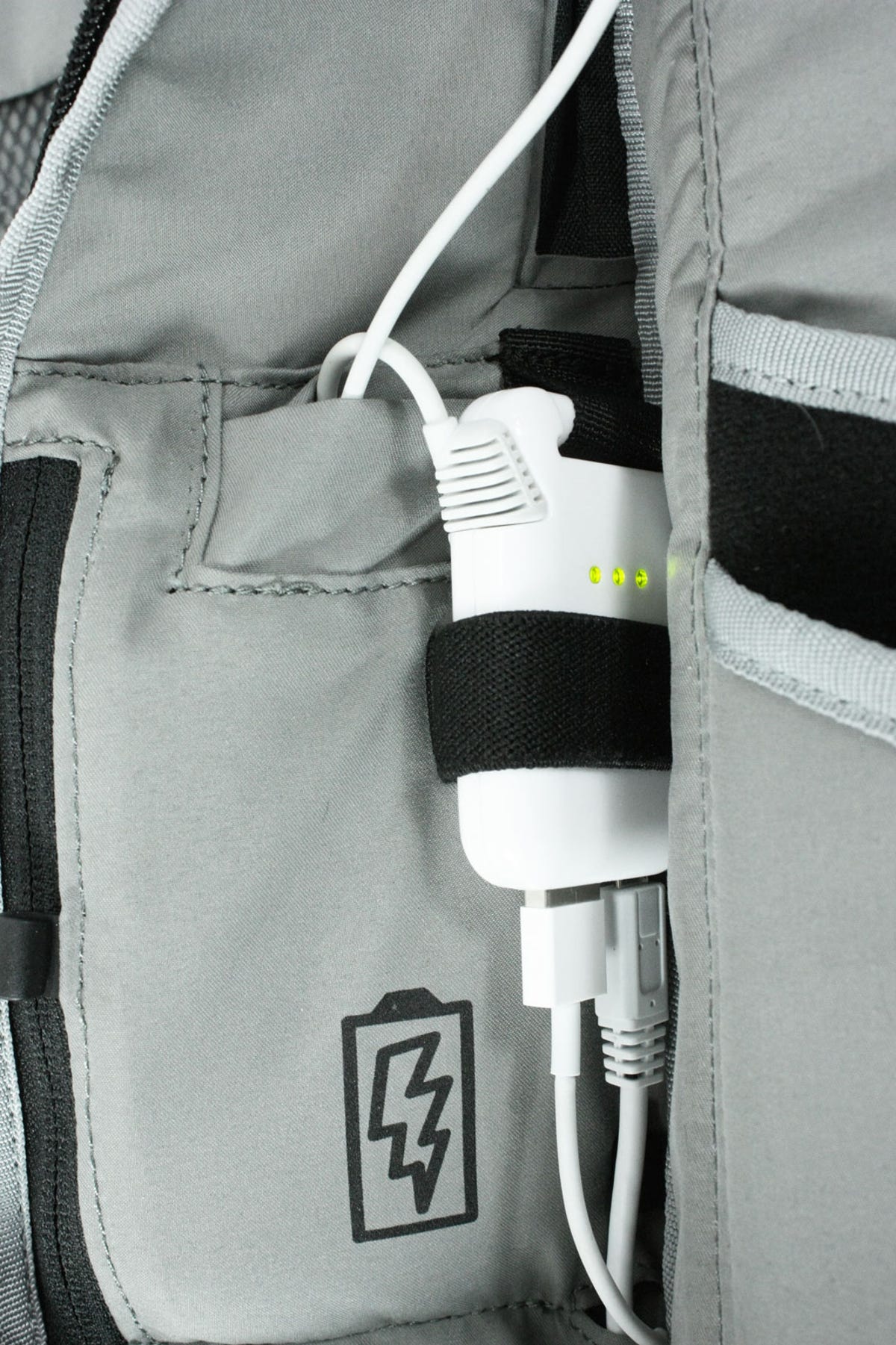 Inside the Colfax backpacks is a lithium polymer battery with enough charge to top up a cell phone twice.