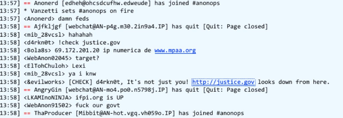 Anonymous supporters discuss targeting U.S. government Web sites in this screenshot of a chat session from today.