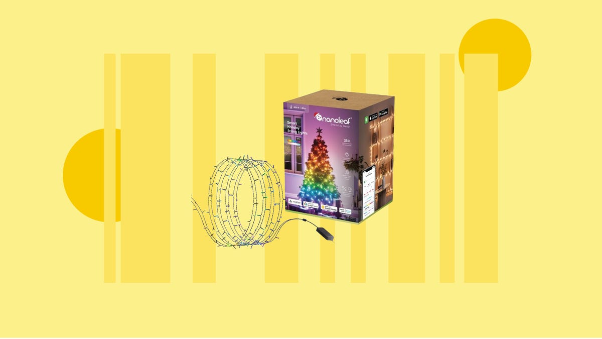 Nanoleaf Matter smart holiday string lights are displayed against a yellow background.