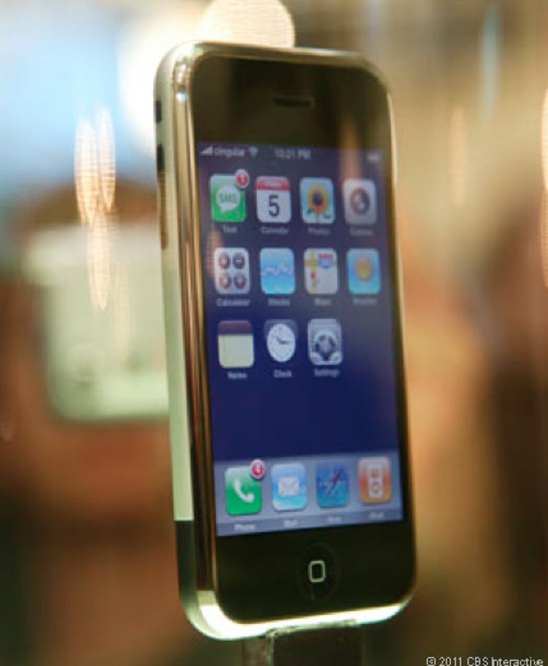 The original iPhone, in a protective display following its early 2007 debut.