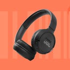 The JBL Tune 510BT headphones are displayed against an orange background.