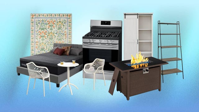 A number of items from Wayfair, including a rug, patio furniture, a mattress, a stove, some shelves and a fire pit, are displayed against a blue background.