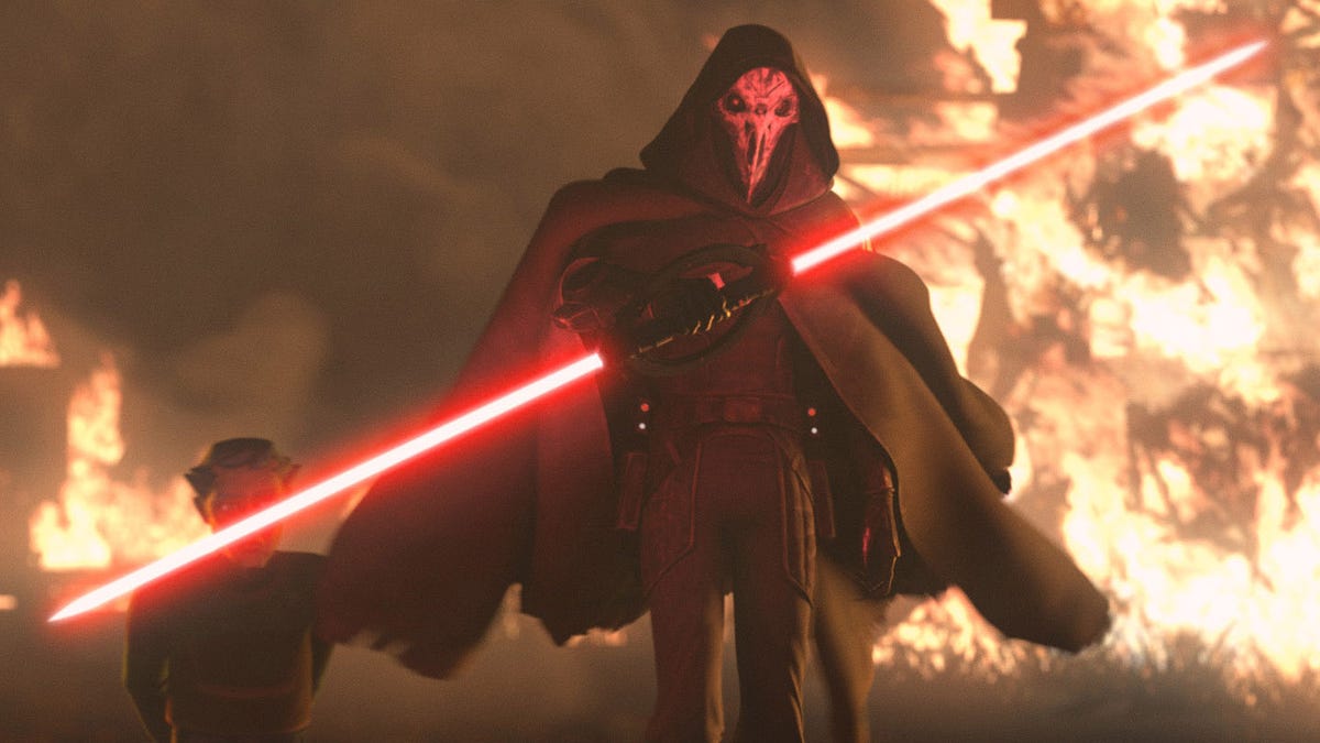 A masked Imperial Inquisitor wields his double-bladed lightsaber as fire burns around him in Star Wars: Tales of the Jedi