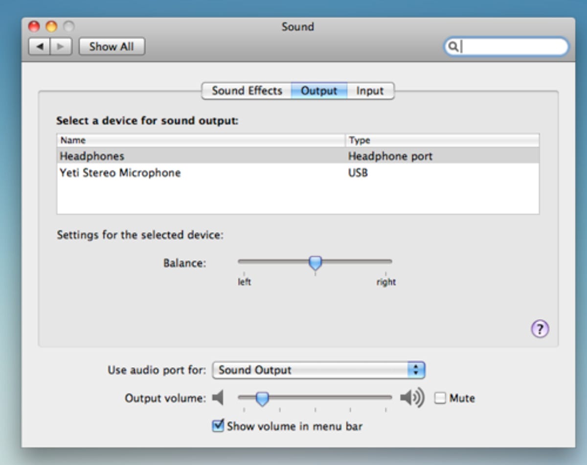 How to select the USB audio device on a Mac.
