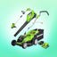 A Greenworks lawn mower, sting trimmer, batteries and leaf blower against a green background.