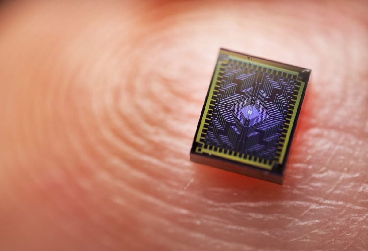 A tiny Intel Tunnel Falls quantum computer chip perched on a fingertip