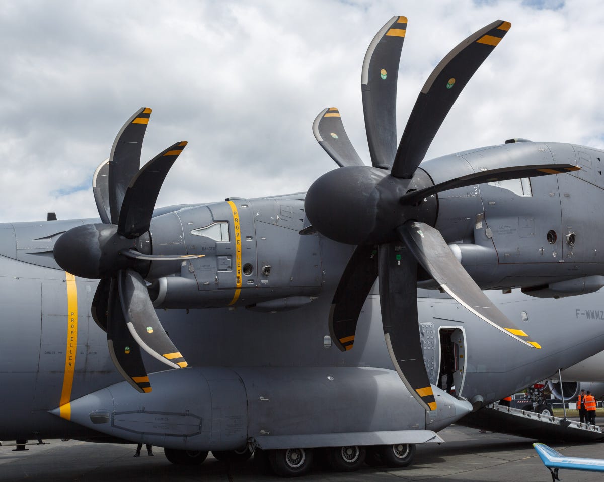 ​The Airbus A400M, a military transport craft, has four counter-rotating TP400 turboprop engines.