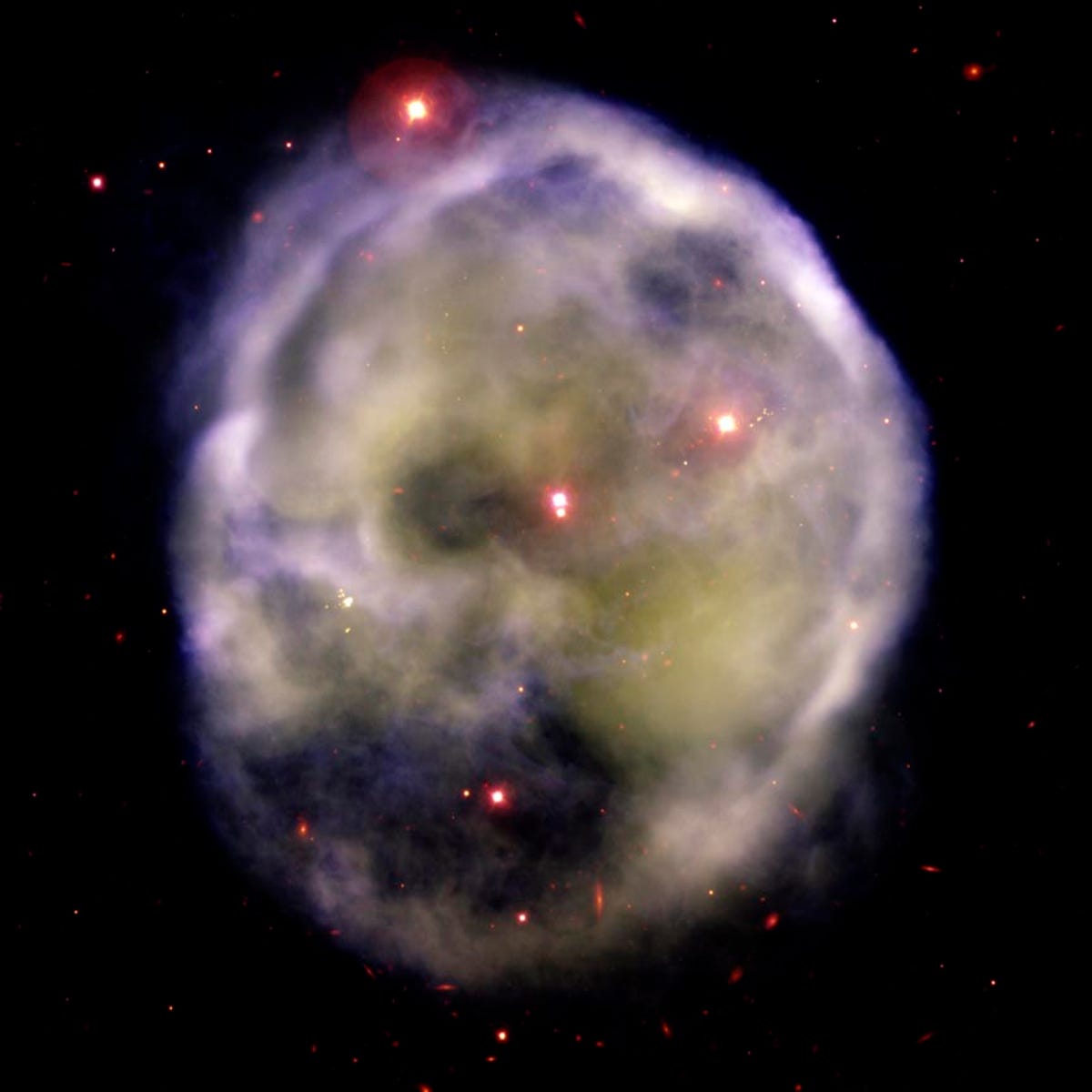 Blobby oval-ish nebula has dark spots that resemble a skull.