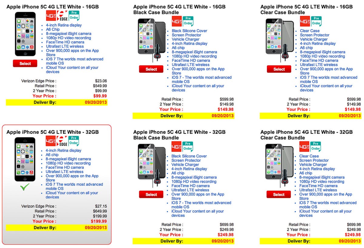Verizon iPhone 5C sales page