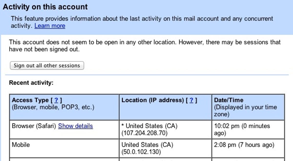 Gmail account access activity log