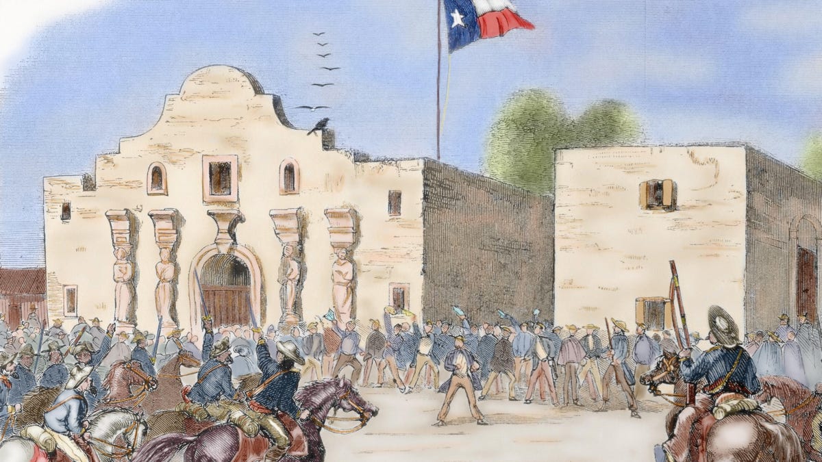 USA. Annexation of Texas. Texas State Flag waving over The Alamo, San Antonio, after being admitted to the Union. 1845. Colored engraving.