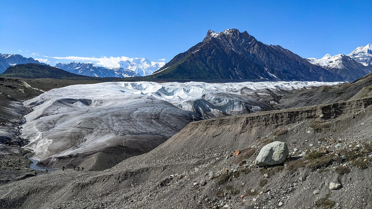 The Root Glacier between the mountains in Wrangell-St. Elias National Park.
