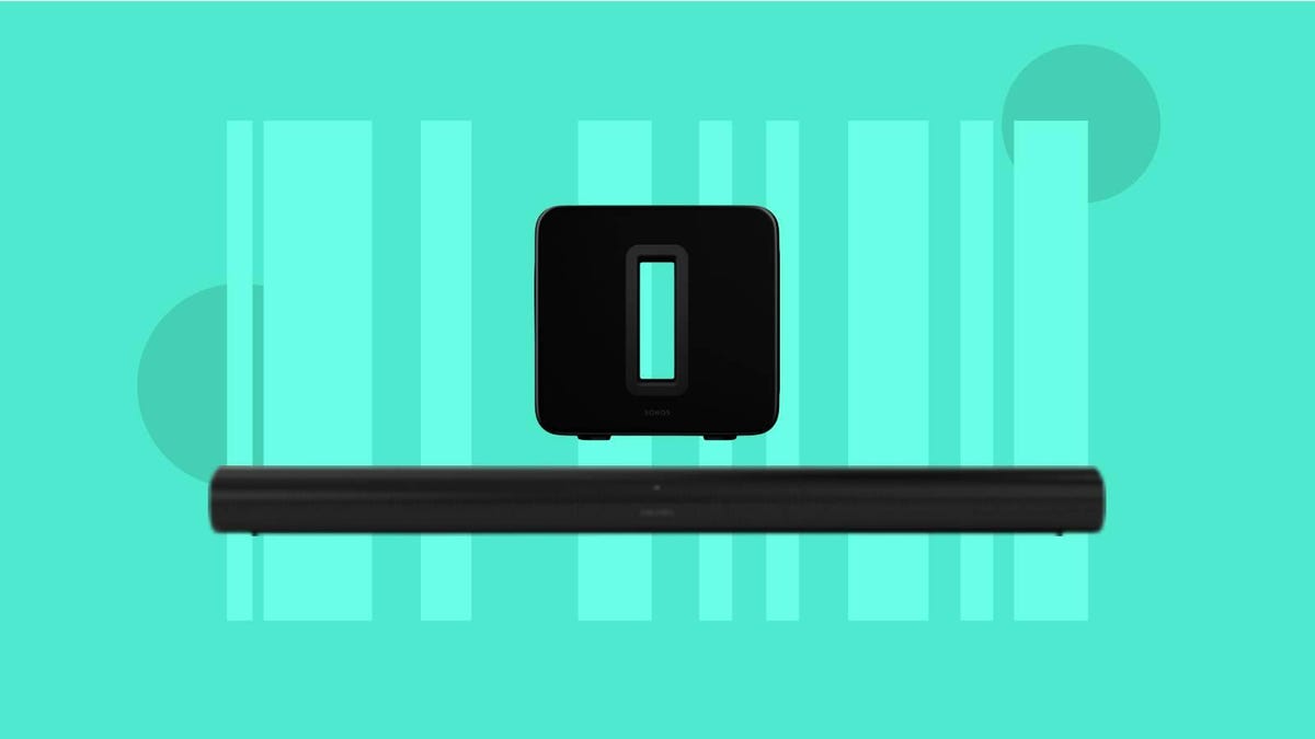 The Sonos Arc and Sub are displayed against a teal background.