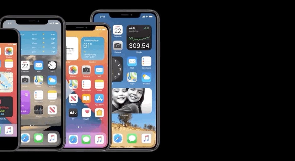 Four iPhone with widgets on their home screens
