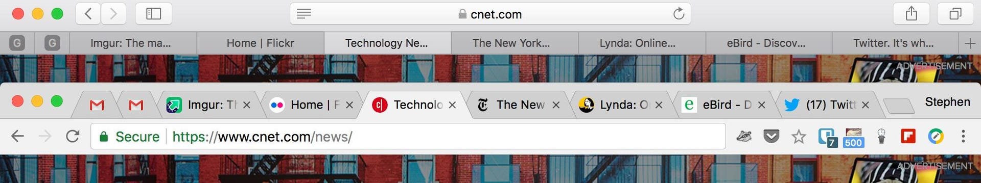 Today, Safari shows plain text vs the colorful website favicons in Google's Chrome and other high-profile browsers.