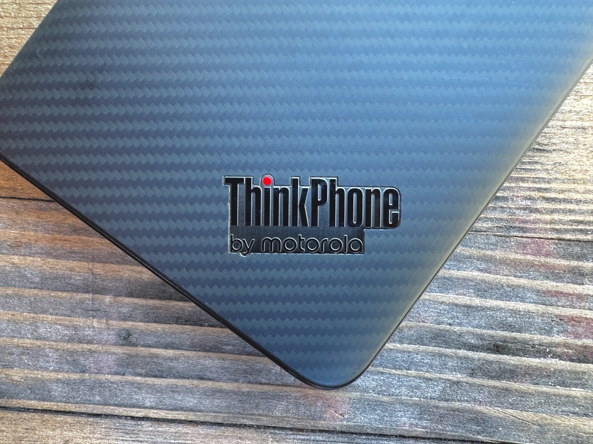 The ThinkPhone by Motorola badge on the back of the phone