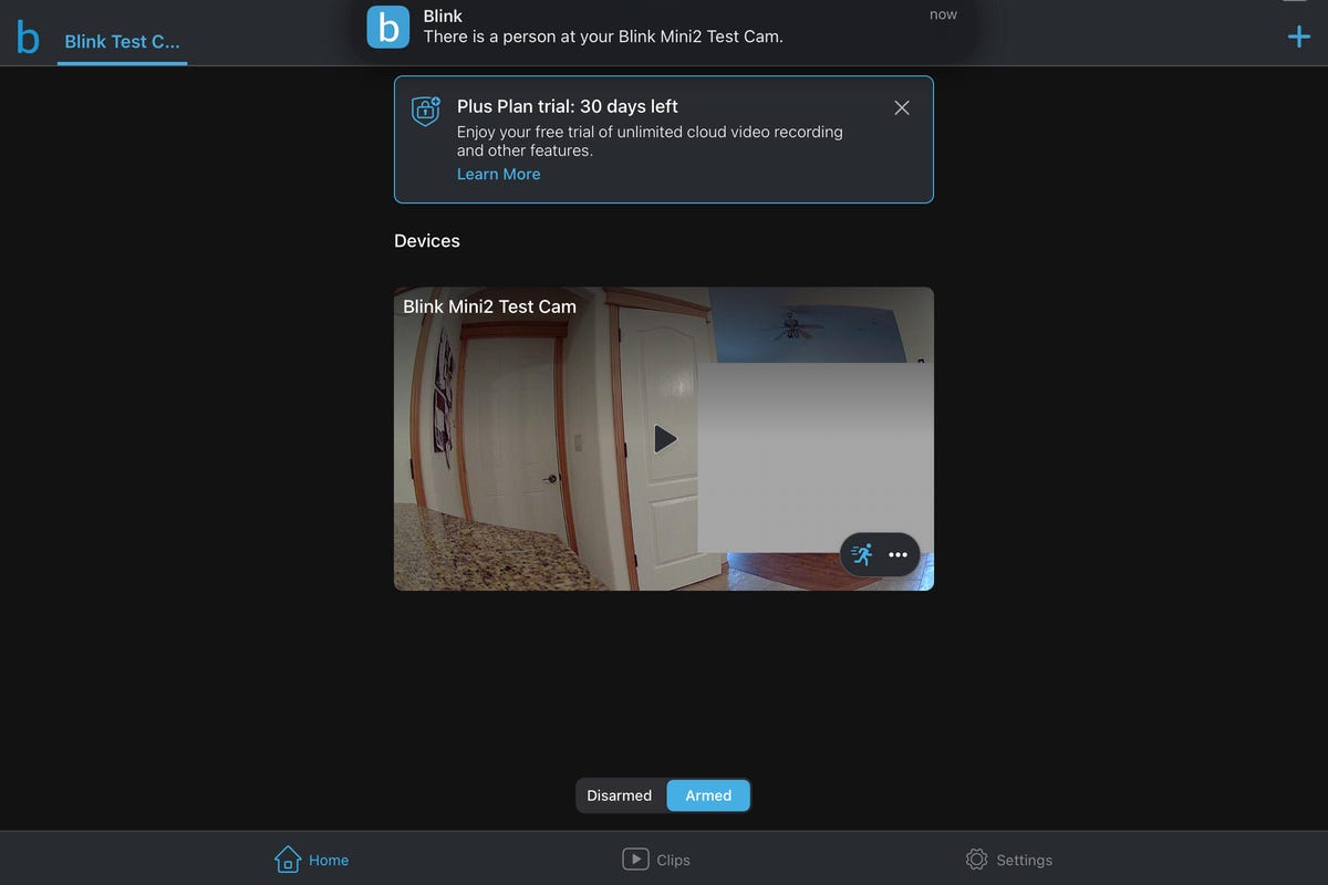 La aplicación Blink muestra una opción de visualización para una cámara y una notificación sobre una persona detectada.
