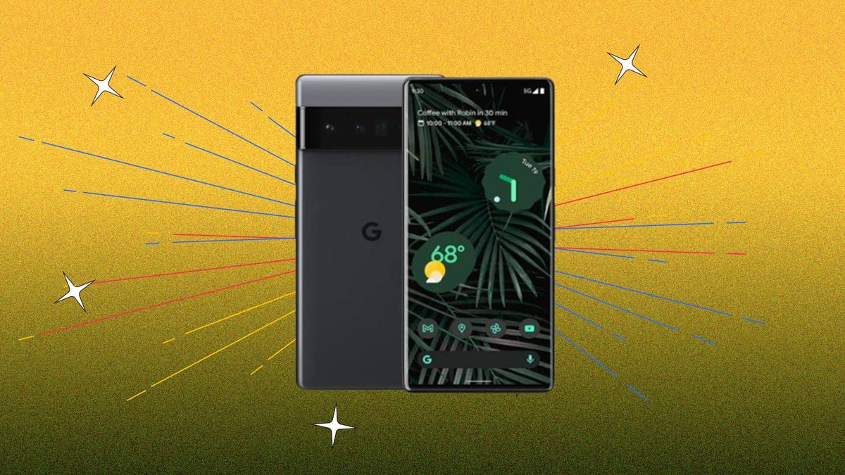 The Google Pixel 6 Pro is displayed against a yellow background.