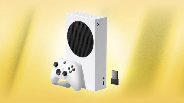 The Xbox Series S console and Seagate 1TB storage expansion card are displayed against a yellow background.