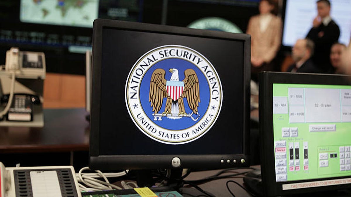 The NSA's logo on a computer screen inside the Threat Operations Center at the agency's headquarters in Fort Meade, Maryland, in the Baltimore metro area.