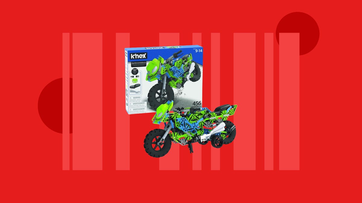 The K'Nex Mega Motorcycle set is displayed against a red background.