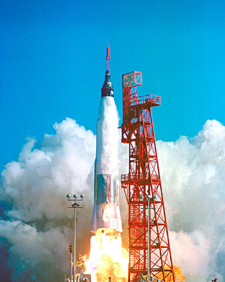 Mercury-Atlas rocket carrying John Glenn’s Friendship 7 capsule lifts off