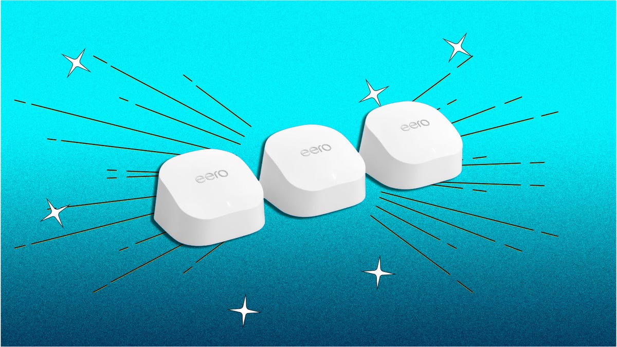 Amazon Eero 6 Plus three-pack against a blue background.