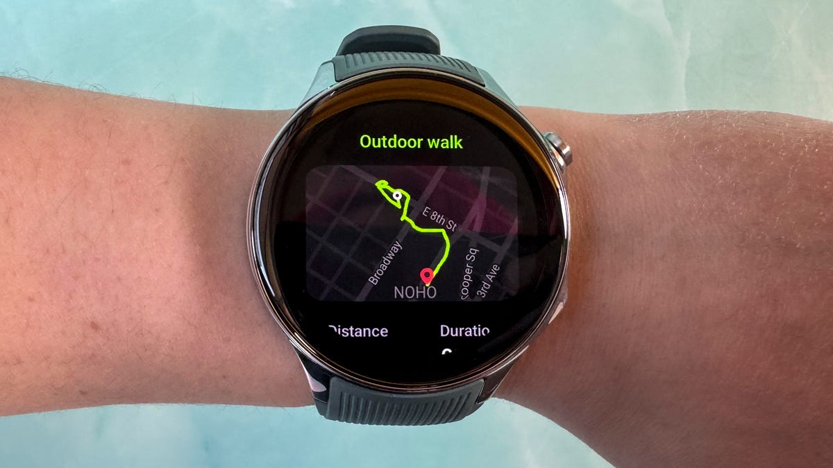 A map showing a route that was taken during an outdoor walk recorded on the OnePlus Watch 2