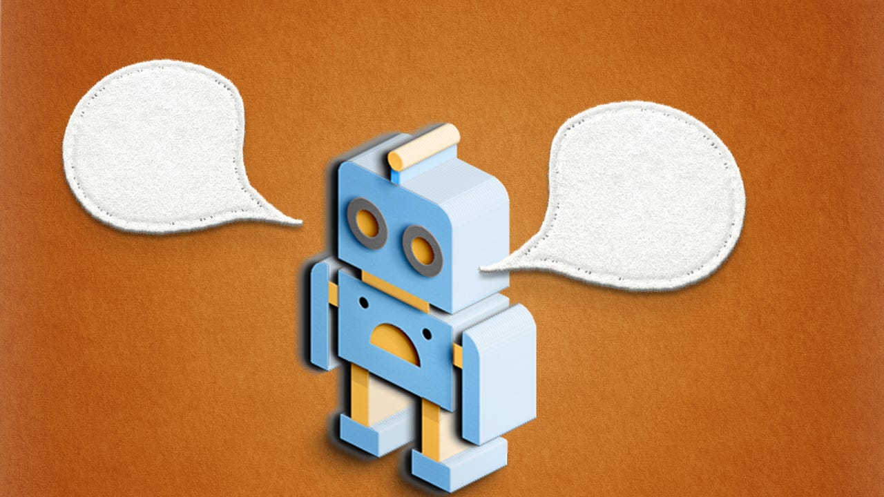 An illustration of a robot chatting with a pair of speech bubbles