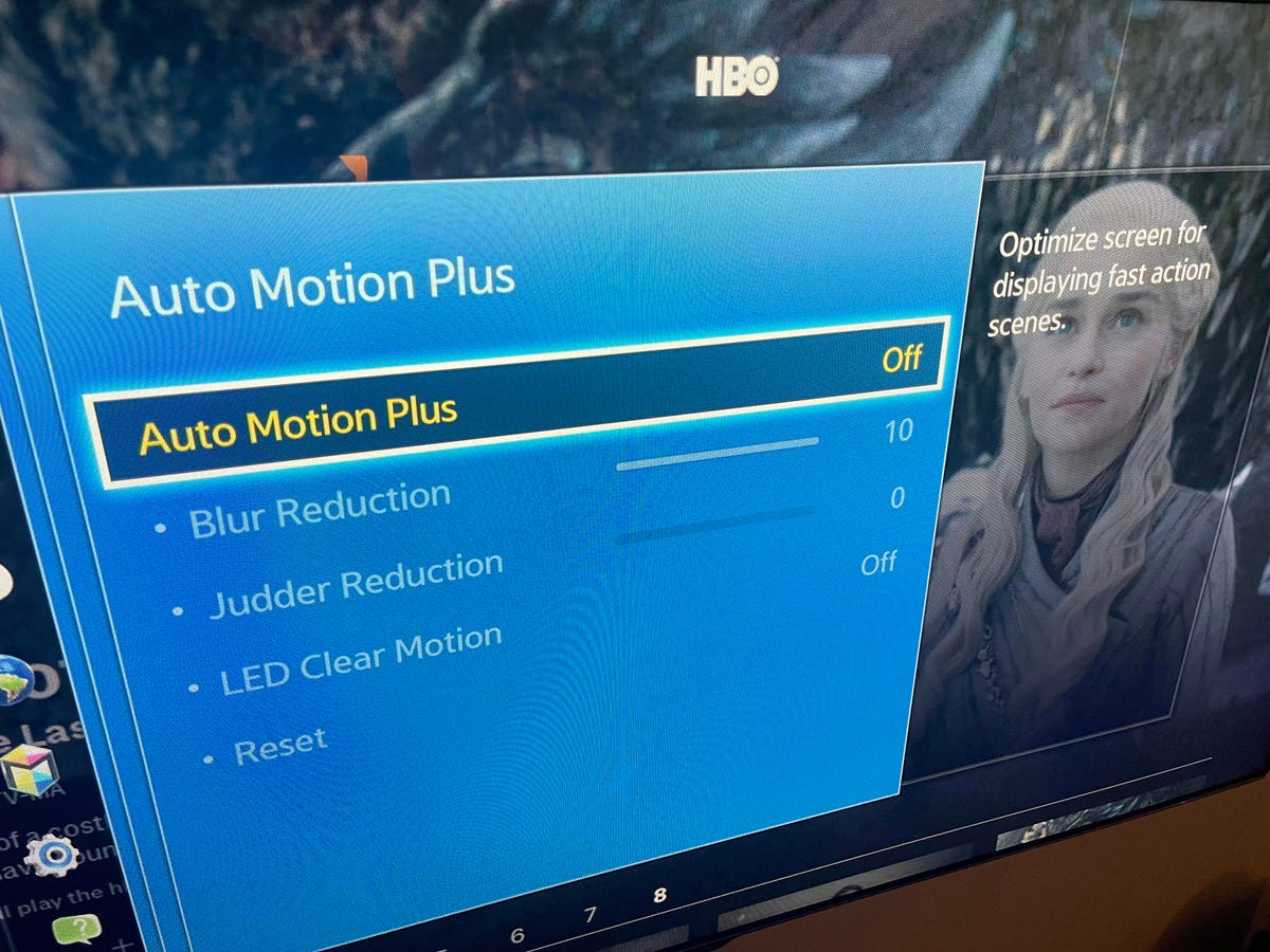 The Auto Motion Plus menu on a Samsung television, which controls anti-aliasing, also known as the soap opera effect.