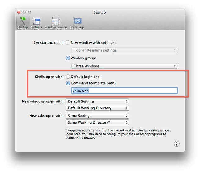 Terminal shell settings in OS X