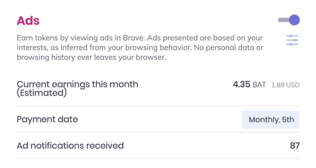 If you enable Brave's ad system, you'll see pop-up notifications and earn 70% of the resulting ad revenue.