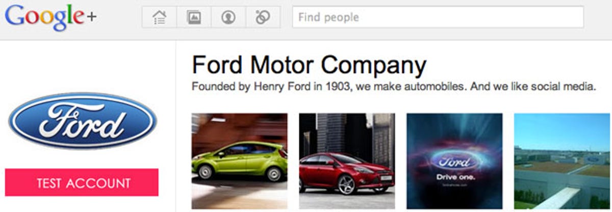Ford Motor Company's corporate Google+ site now has a prominent 
