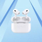 Apple's AirPods Pro 2 are displayed against a blue background.