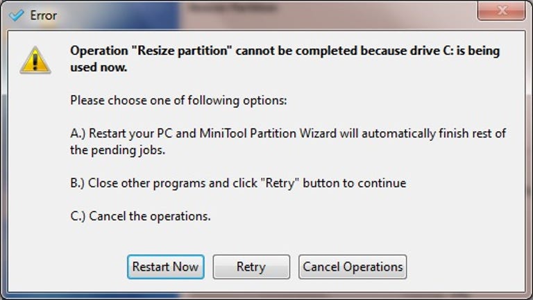 MiniTool Partition Wizard warning dialog