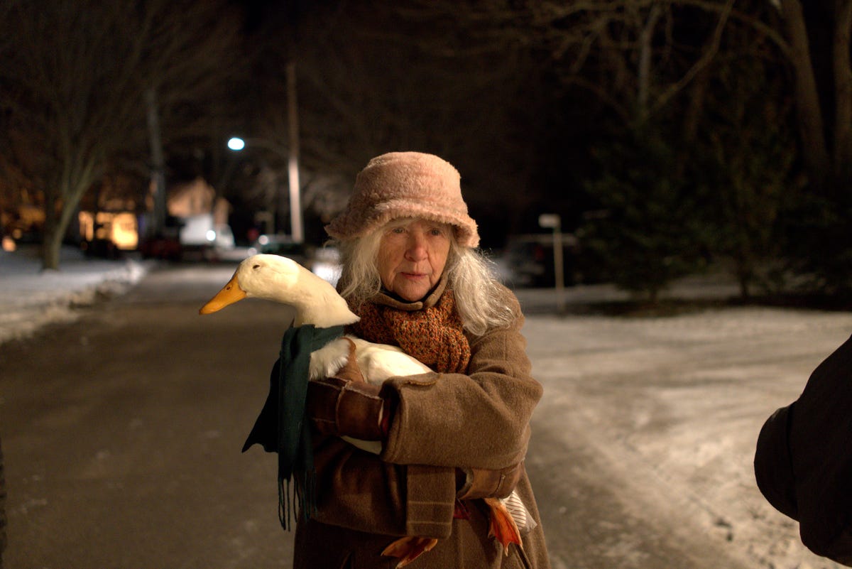 An old lady carrying a duck on a snowy street