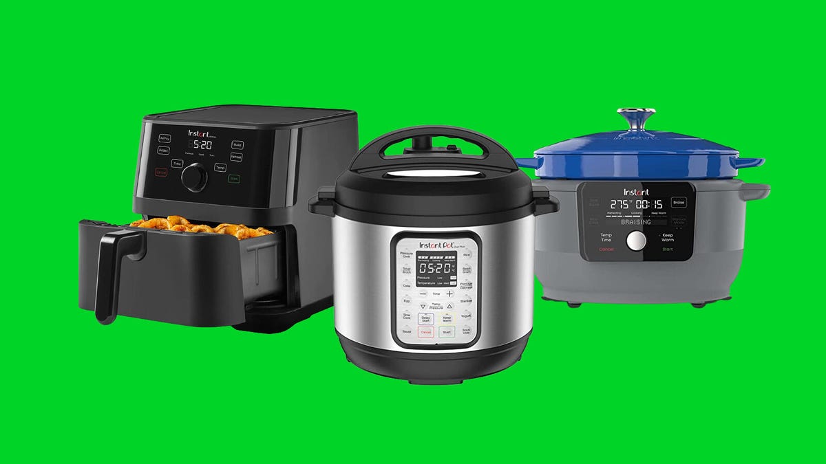 Three different Instant Pot small appliances including an air fryer, pressure cooker and Dutch oven are displayed against a green background.