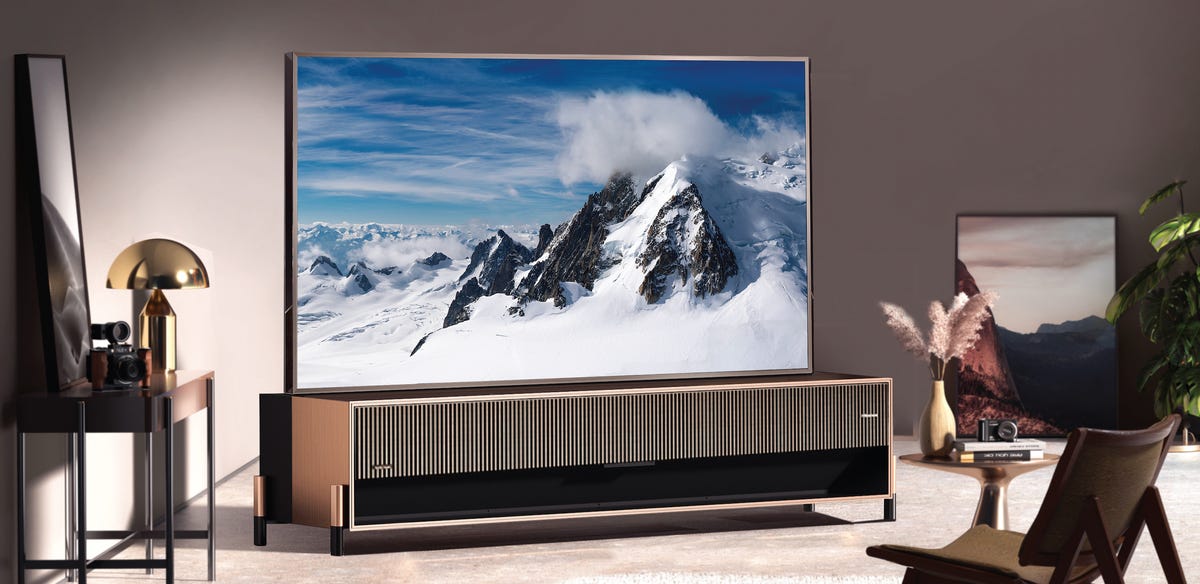 The 110-inch Hisense UX on a stand.