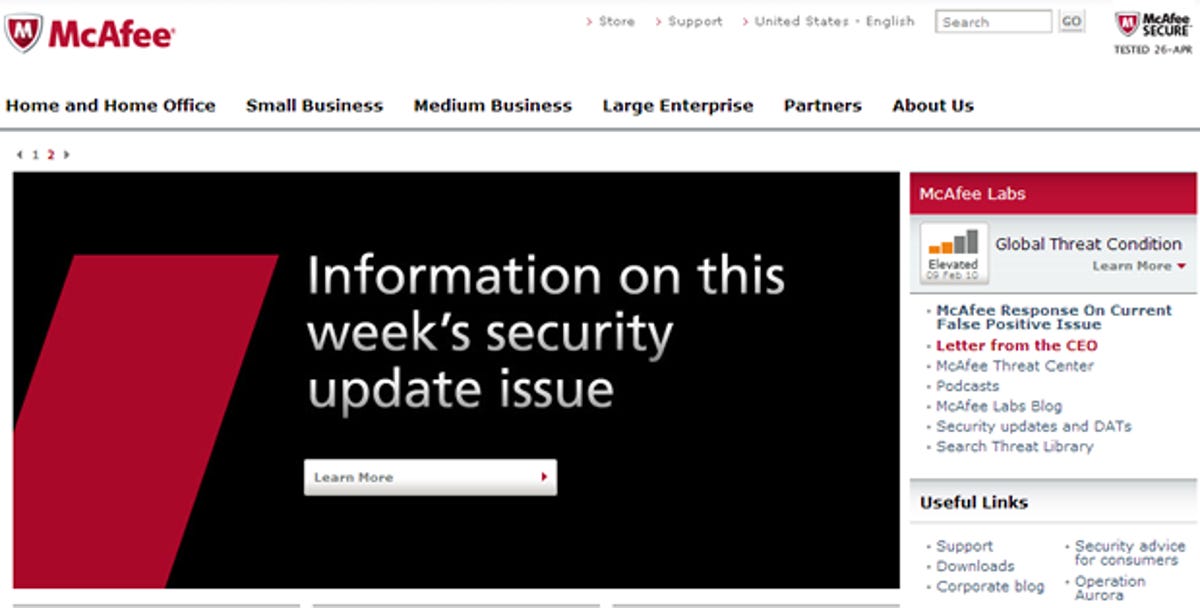 McAfee home page points to latest details about its security update problem.