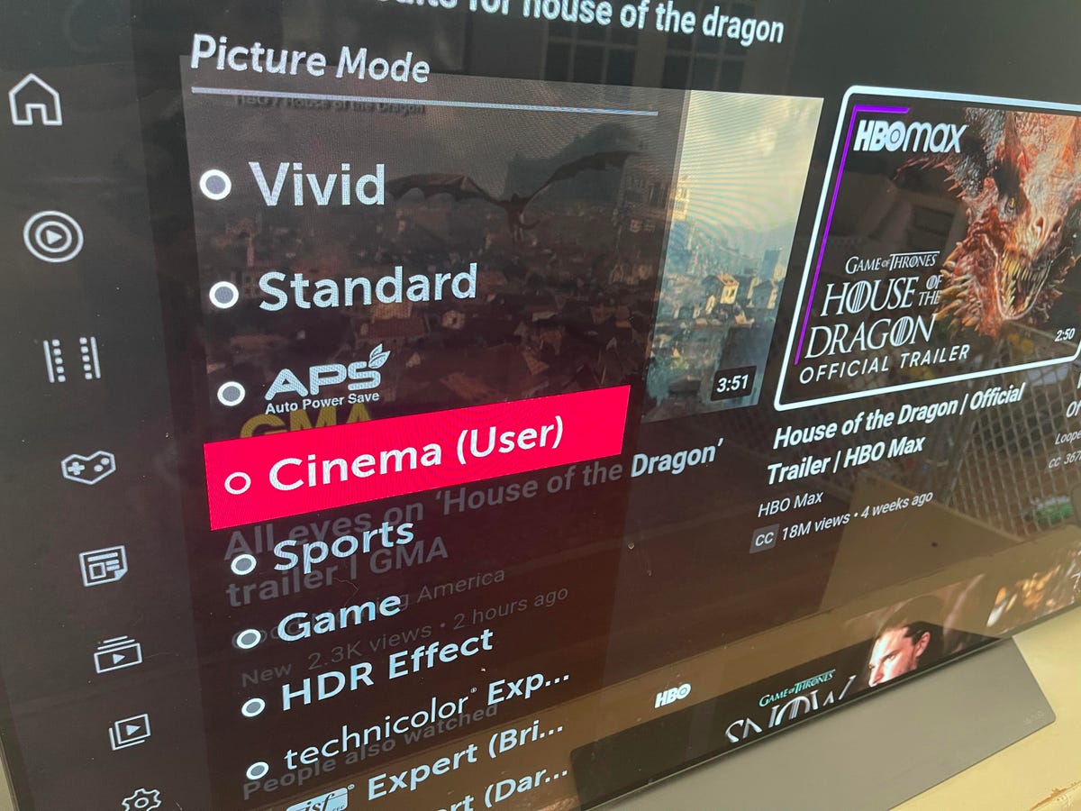 Cinema mode selected on LG TV.