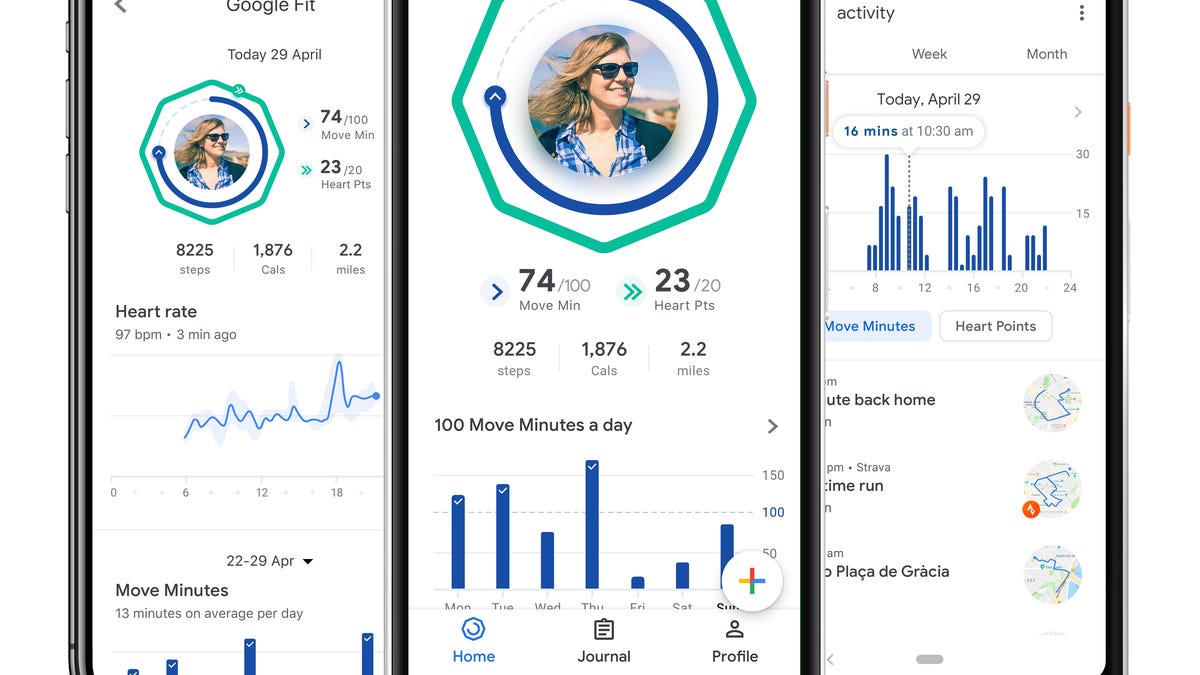 Google Fit screens showing Heart Points and Move Minutes features.